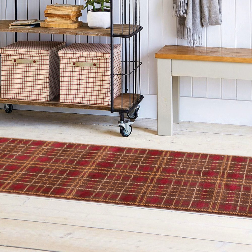 Tartan Check Modern Runner Rugs in Brown